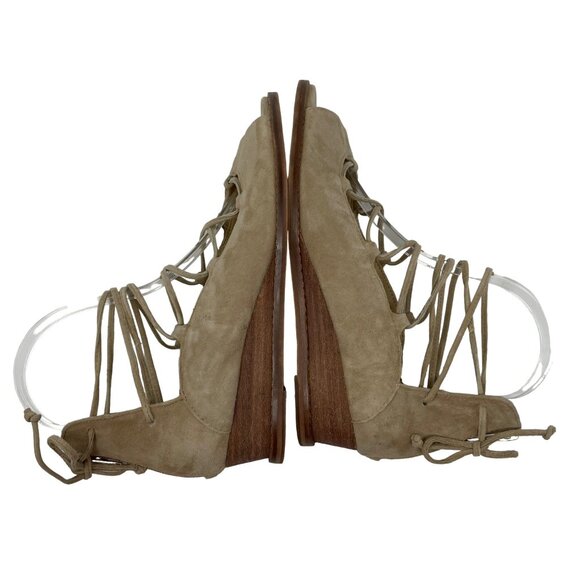 Vince Camuto Rochela Suede Wedge Size 7.5 Sandal Lace-up Tan Peep Toe - Picture 9 of 13